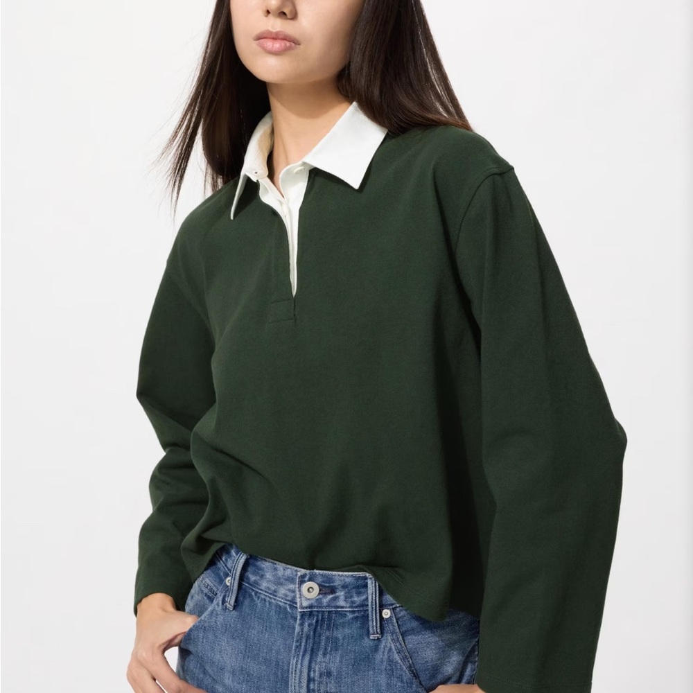Uniqlo Classic Forest Green Rugby Polo Top with White Collar